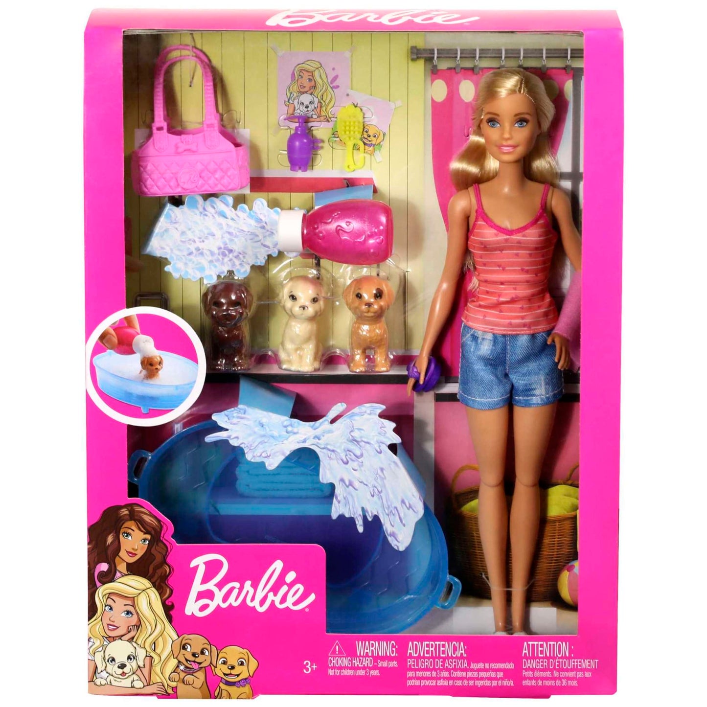 Barbie Doll, Blonde, And Playset With 3 Puppies, Bathtub And Accessories